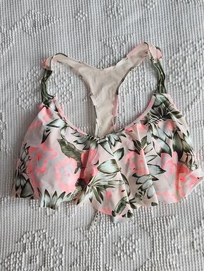 Time and Tru Light Pink Swim Top with Neon Coral Trim